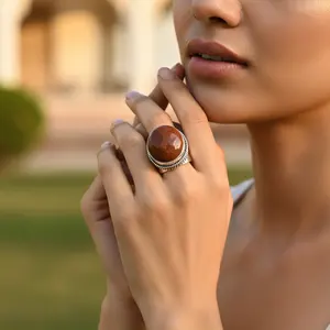 Rose Gold & 18K Plated 925 Silver Sunstone Fashion <b>Ring</b> for Women <b>Statement</b> Jewelry with Inlay Setting - Product Image 3