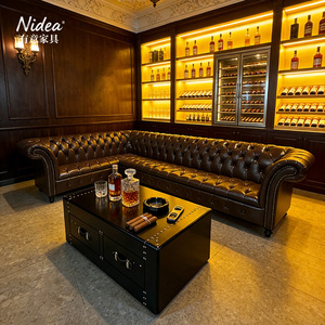 Divano Angolare Chesterfield Classico di Lusso <span class=keywords><strong>a</strong></span> L, in Vera Pelle Marrone Scuro, Trapuntato, per Soggiorno e Hall d'Hotel - Product Image 4