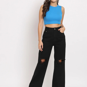 Sexy sin mangas cuello redondo espalda descubierta Casual verano Crop Tank Top para mujer alta calidad 100% algodón transpirable y secado rápido - Product Image 3