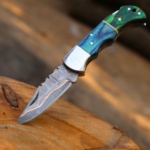 Cuchillo plegable para acampar a precio barato, cuchillos plegables de acero de Damasco de estilo único para la venta en línea, cuchillo de bolsillo con Funda de cuero - Product Image 2