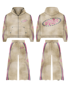 Acid Wash Flared Winter Streetwear Tracksuits Zip-Up 500 GSM Straight Leg Jogging Suit <b>Distressed</b> Hoodies & Sweatpants Sets - Product Image 1