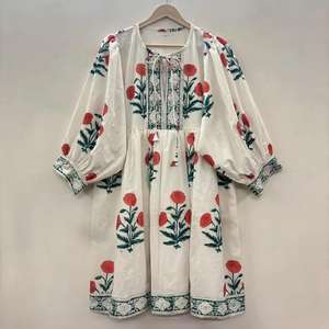 Haute qualité Floral main bloc imprimé femmes bohème coton robe mi-longue Kyra tunique courte cadeau pour votre bien-aimé - Product Image 6