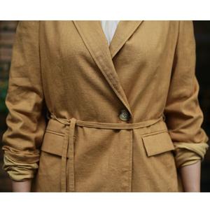 Top quemado naranja corbata cuerda cintura Chaqueta larga versión suelta traje con solapa frontal y bolsillos laterales - Product Image 4