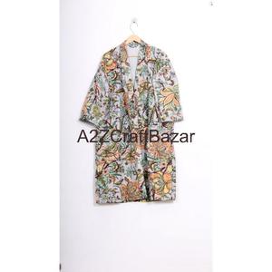 Robe Kantha pour femme, courte, à imprimé floral, col en V, avec cordon de serrage, 100 % coton pur, manches trois-quarts, respirante et douce - Product Image 1
