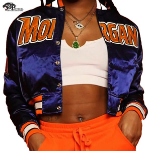 Chaqueta de calle de satén azul marino para hombres y mujeres con logotipos de equipo bordados con cuello levantado apto para invierno - Product Image 6
