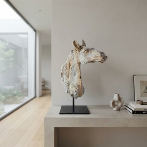 Handcrafted <b>wooden</b> horse head suge stand sculpture <b>rustic</b> teak carved equestrian statue metal base table accent decoration setup - Product Image 4