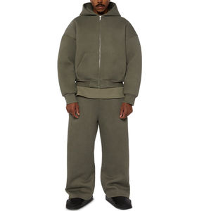 Ensemble de sweats à capuche et de pantalons de survêtement zippés en éponge française personnalisée Survêtements surdimensionnés vierges en coton 100% épais pour hommes - Product Image 1