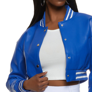 Vente en gros de veste universitaire recadrée de style vintage pour femmes avec logo personnalisé nouveau coton en cuir brodé à la mode pour la saison en plein air - Product Image 4