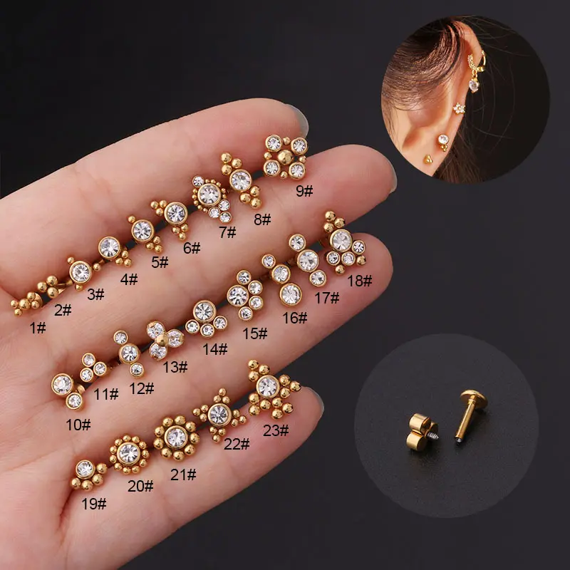 Anting-Anting Tindik Stud Cupe Telinga Helix Trifecta Kurva Kristal Putih Wanita Baja Tahan Karat/