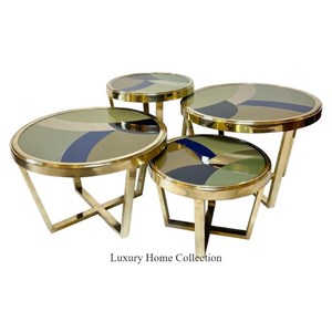 Juego de 4 mesas auxiliares y de café de aspecto admirable pulido brillante de acero inoxidable con forma redonda superior de cristal, lo mejor para la decoración de la sala de estar - Product Image 1