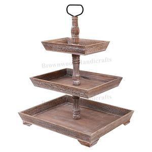 Plateau de service rond en bois à 3 niveaux fait à la main avec poignée en métal solide pour les mariages et les occasions spéciales - Product Image 6