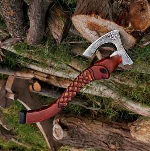 Hacha de Acero con Alto Contenido de Carbono Premium Hecha a Mano al por Mayor con Mango de Madera Tallado a Mano, Hacha Vikinga OEM con Empuñadura de Cuero y Funda - Product Image 4