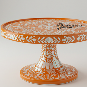 Artisan Orange Mother of Pearl Cake Stand Pedestal de madera hecho a mano para pasteles y golosinas - Product Image 3