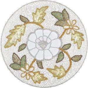 Set de table luxueux en or ivoire perlé avec motif floral et feuilles, perles de verre, décoration occasionnelle pour assiette de dîner - Or ivoire - Product Image 1