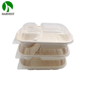 Boîte <span class=keywords><strong>repas</strong></span> jetable écologique en pulpe <span class=keywords><strong>de</strong></span> bagasse biodégradable, compatible micro-ondes, 3 compartiments, avec couvercle - Product Image 1