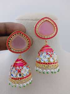 Ensemble de boucles d'oreilles Meenakari Jhumkas Bloom fleurs peintes à la main Collection unique de boucles d'oreilles faites à la main par des artisans - Product Image 2