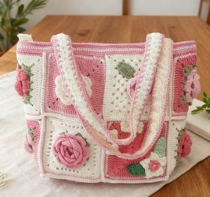 Bolso Tote de Ganchillo para Mujer, Estilo Casual Diario, Tejido a Mano con Patrón de Rosas a Rayas, con Cierre, Diseño Floral, ¡Gran Venta! - Product Image 3