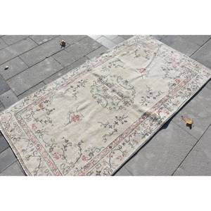 พรมขนสัตว์ตุรกีสีเบจ3.6ft วินเทจ6.7ft สี่เหลี่ยมผืนผ้าพื้นที่ขนาดใหญ่ที่มีลวดลายนามธรรมสำหรับห้องนอนห้องโถงพื้นหลังทำจากน้ำยาง - Product Image 2