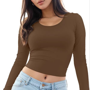 Top corto de punto suave y ligero para mujer con manga larga cuello redondo ajustado capa Base informal para entrenamiento Sexy Going Tops - Product Image 1