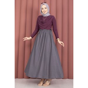 Grey Silk <b>Skirt</b> <b>Elastic</b> Waist Pocket Details Comfortable Breathable Spandex Nylon Digital Embroidered Print Decoration Plain - Product Image 5