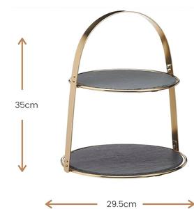 Support à gâteau en pierre d'ardoise à 2 niveaux en métal et marbre avec poignée en arche en métal doré, plateau de service moderne pour la présentation de pâtisseries et de cupcakes - Product Image 3