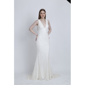 Tay Đính Cườm Thanh Lịch Không Tay V Cổ Gown Lấp Lánh Bridal Wedding Dress Sang Trọng Buổi Tối Ăn Mặc Hoàn Hảo Cho Thảm Đỏ Sự Kiện - Product Image 1