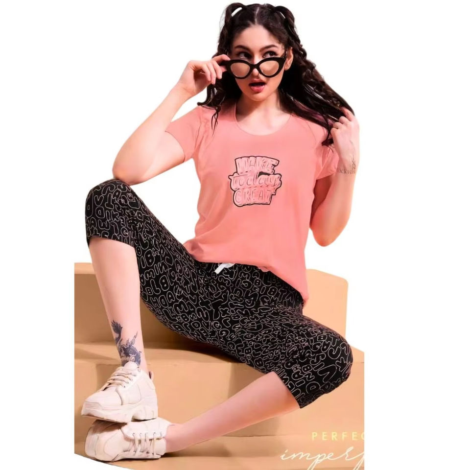 Women's Fashionable Print Short Sleeve Sleepwear Dress Soft Comfortable 2 PCS Shorts Set XL Size for Home Outdoor Leisure