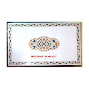 Fabricante indio de mesa de comedor de trabajo con incrustaciones de mármol blanco para comedor Diseño de incrustaciones hechas a mano Pietra Dura Table Tops - Product Image 1