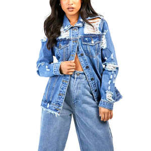 แจ็กเก็ตยีนส์เข้ารูปของผู้หญิงแจ็คเก็ตผ้าฝ้ายเดนิมถักด้วยมือ - Product Image 1