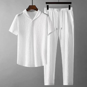 Hommes deux pièces hiver costumes survêtement à manches courtes hauts pantalons longs couleur unie décontracté polo chemise revers col bouton respirant - Product Image 1