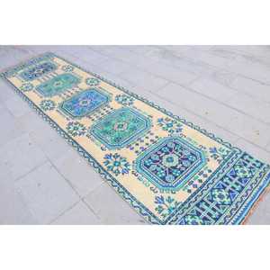 Alfombra Turca de 2.9x11.5 pies, Alfombra Vintage, Alfombra de Lana Azul con Diseño de Patchwork - Product Image 2