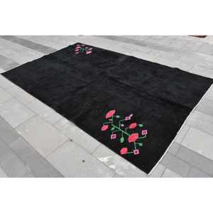 พรมตุรกี 6.3x9.9 ฟุต สีดำชมพู ลายต้นไม้และพืช พรมขนสัตว์วินเทจ - Product Image 1