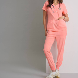 Top exfoliante con cuello en V de corte moderno para mujer Hombros elásticos Diseño de pliegue Top con cuello en V de 4 bolsillos Papaya brillante - Product Image 5