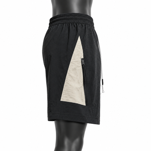 Pantalones cortos de nailon negros para hombre, cintura elástica con cordón, pantalones cortos deportivos informales de verano con bolsillos con cremallera, pantalones cortos de gimnasio con paneles laterales en contraste - Product Image 5