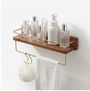 Acacia Wood <b>Wall</b> <b>Mounted</b> <b>Shelf</b> with Brass Towel Bar Minimalist Bathroom Storage Rack Single Tier Rectangular Design Durable - Product Image 5