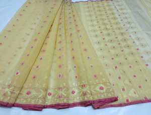 Haute Qualité Jaune Deshi Dhakai Jamdani Sharee pour Femmes JAMDANI TISSU ROUGE VERT Doré Bleu Ciel du Bangladesh - Product Image 6