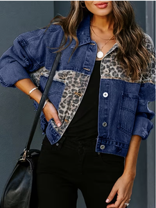 Chaqueta vaquera de mujer estilo camionero con bolsillos de parche de leopardo, manga larga, cuello vuelto, estilo otoñal - Product Image 4