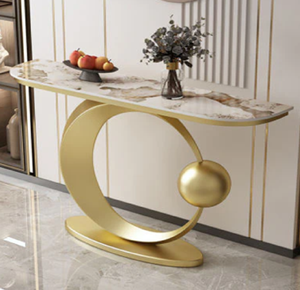 Mesa de consola superior de mármol redondo macizo en negrita con un llamativo diseño de base de metal dorado creciente, disponible a precios al por mayor - Product Image 1