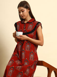 Chemise de nuit en dentelle 100% coton pour femmes Sans manches Longue Respirante Tissu à motifs géométriques Élégante Automne/Printemps Été - Product Image 2