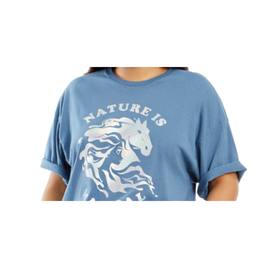 เสื้อยืดสีฟ้าสุดอินเทรนด์ของผู้หญิงขนาดใหญ่สุดอินเทรนด์เสื้อยืดผ้าฝ้ายสีฟ้าธรรมชาติเป็นแฟนหนุ่มมหัศจรรย์ขนาด3X ปักโลโก้ - Product Image 2