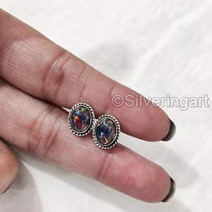 Boucles d'oreilles à clous pour femmes, pierre précieuse opale noire naturelle, bijoux faits à la main pour Noël, mariage, anniversaire, boucles d'oreilles à clous en argent sterling 925 - Product Image 5