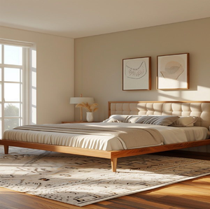 Cadre de lit en bois moderne avec une tête de lit rembourrée tuftée élégante, idéale pour chambre à coucher contemporaine. Disponible aux prix de gros - Product Image 1