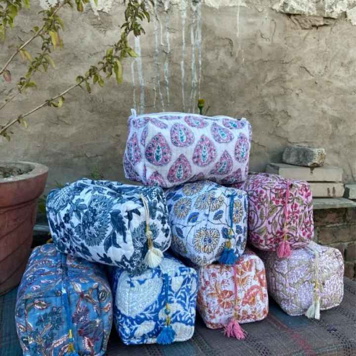 custom made cotton printed quilted kantha stitched 3 piece zippered pouch set ideal for home textile stores for resale