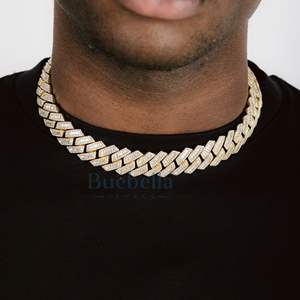 Men's 19mm Prong Gold Plated Cuban Link <b>Necklace</b> Hip Hop Style with 925 <b>Silver</b> Baguette VVS Moissanite and Diamond Jewelry - Product Image 1