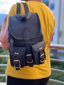 Sac à dos en cuir véritable noir unisexe, élégant, pour étudiants - Product Image 4