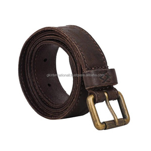Ceinture décontractée en cuir marron classique de haute qualité à bas prix pour coutures de bord durables solides unisexes et boucle à rouleau en laiton massif - Product Image 5