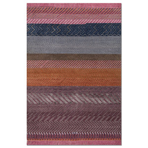 Tapis en laine et soie de bambou à motifs rayés Manchaha - Les-2874 - Noué à la main - Rose et violet - Pour usage domestique - Product Image 1