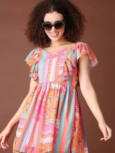 Vestido Corto de Algodón Tejido a Mano Indio para Mujer, Elegante para Fiestas y Bodas, Estampado Floral, Cintura Natural, Regalo para Novia - Product Image 4