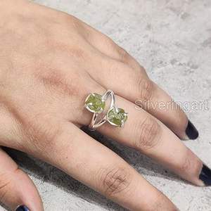 Bague pour femme en argent sterling 925, pierre précieuse péridot naturelle, pierre de naissance d'août, double pierre, bijoux faits à la main pour Noël - Product Image 4