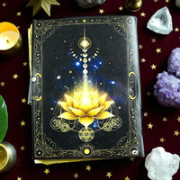 Diario de cuero de loto dorado impreso, libro hecho a mano de Shadows Witchy Grimoire, diario de escritura de tapa dura mágica y cuaderno de hechizos